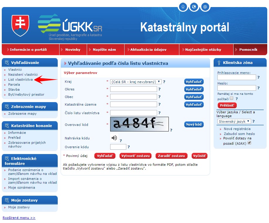 Web Katastrálny portál 