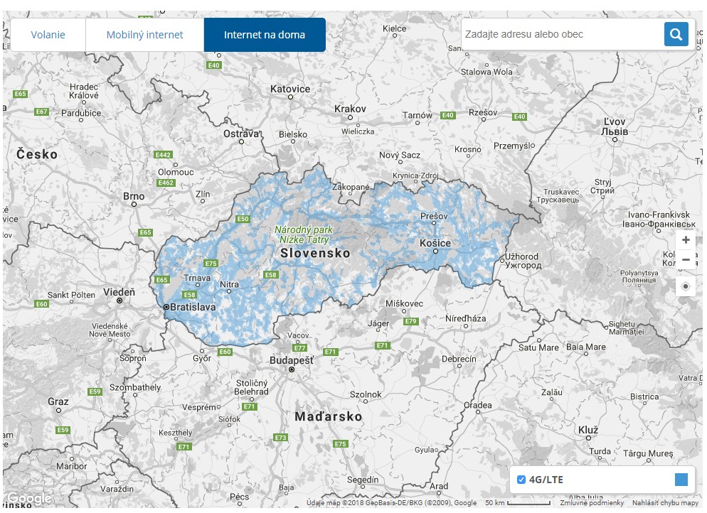 Mapa pokrytia internetom na doma od O2