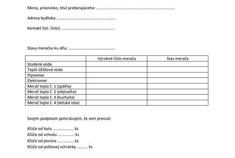 Vzor preberacieho protokolu bytu na stiahnutie